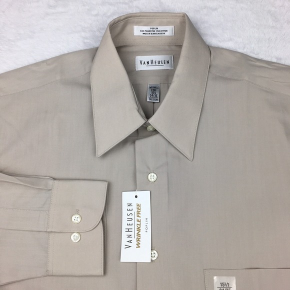 Van Heusen Other - Van Heusen Dress Shirt Men's M 15.5-34/35 Beige Regular Fit Wrinkle Free